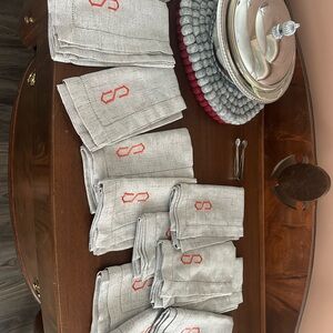 Elegant Gray Linen Napkins with Burnt Orange “S” Embroidery set of 12